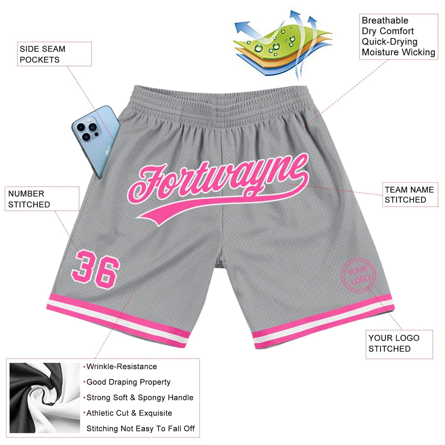 Custom Gray Pink-White Authentic Throwback Basketball Shorts view 2