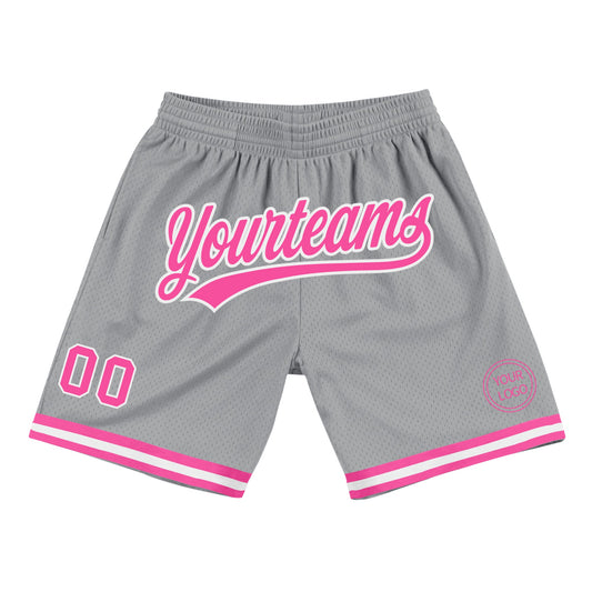 Custom Gray Pink-White Authentic Throwback Basketball Shorts - Main View