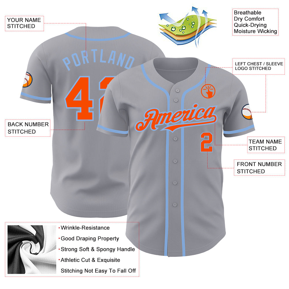 Custom Gray Orange-Light Blue Authentic Baseball Jersey view 3