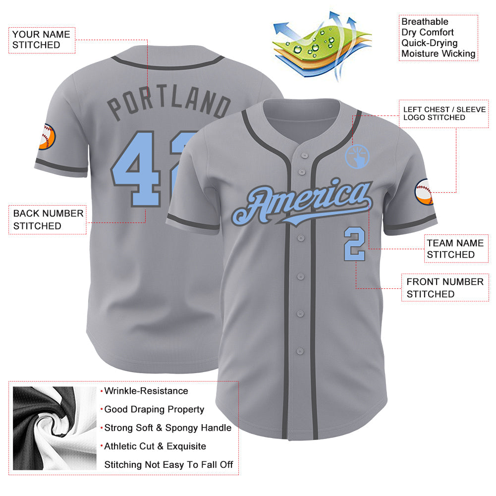 Custom Gray Light Blue-Steel Gray Authentic Baseball Jersey view 3