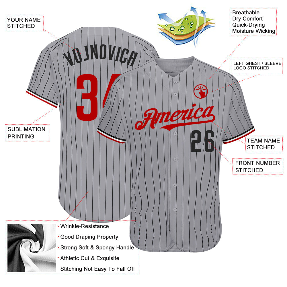 Custom Gray Black Pinstripe Red-White Authentic Baseball Jersey view 4
