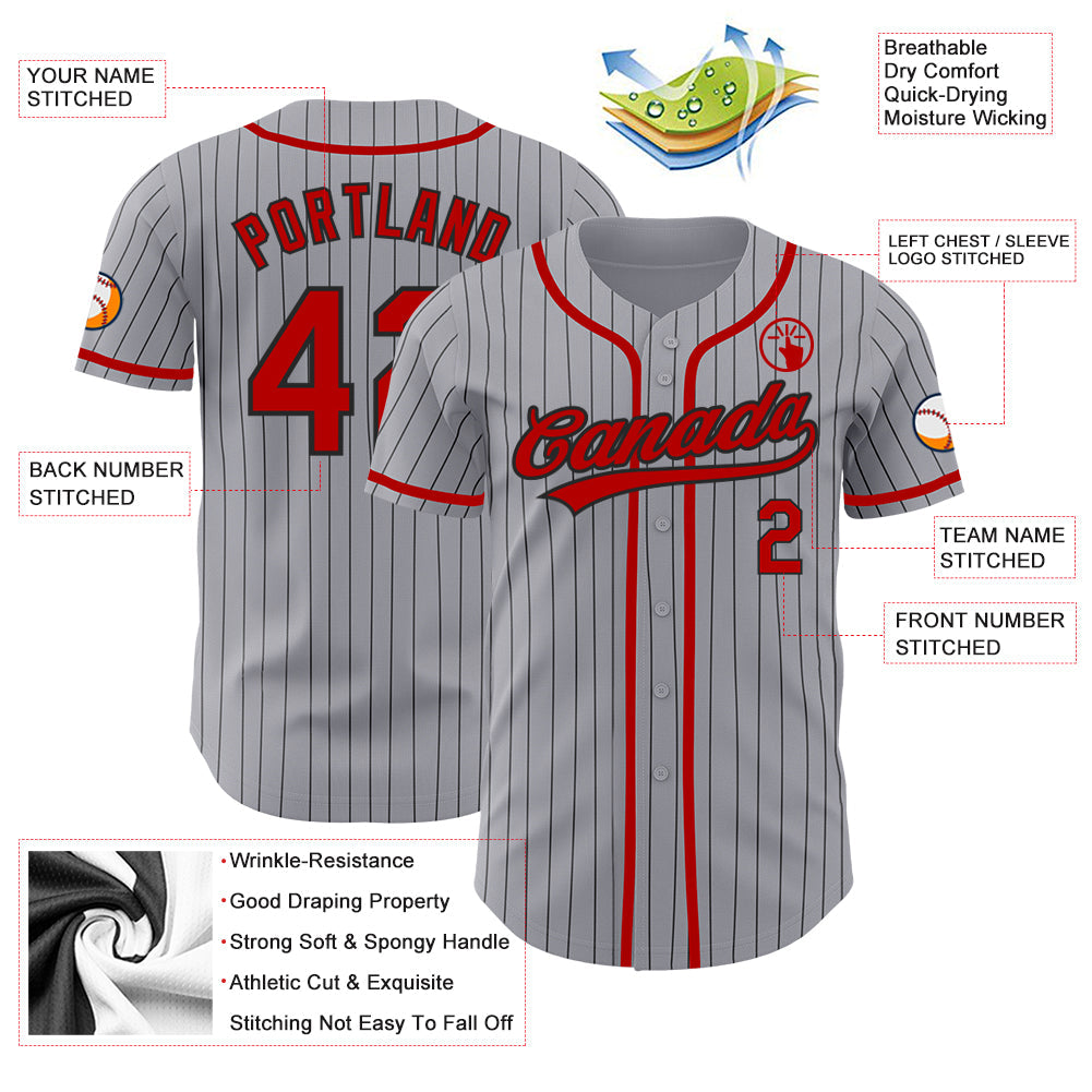 Custom Gray Black Pinstripe Red Authentic Baseball Jersey view 3