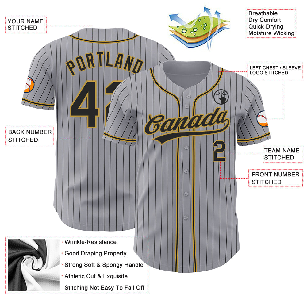 Custom Gray Black Pinstripe Black-Old Gold Authentic Baseball Jersey view 3