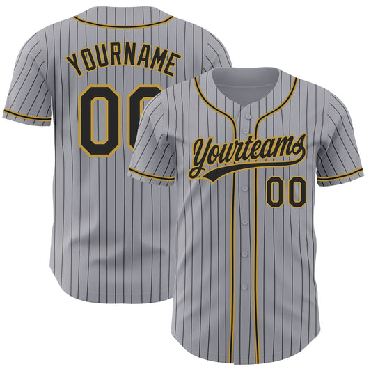 Custom Gray Black Pinstripe Black-Old Gold Authentic Baseball Jersey - Main View