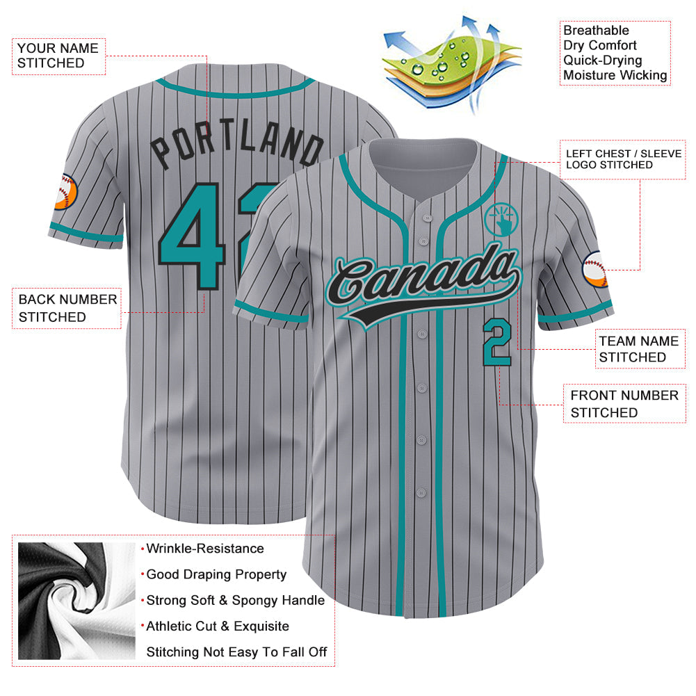 Custom Gray Black Pinstripe Teal Authentic Baseball Jersey view 3