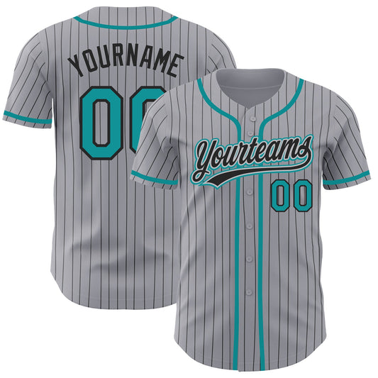 Custom Gray Black Pinstripe Teal Authentic Baseball Jersey - Main View