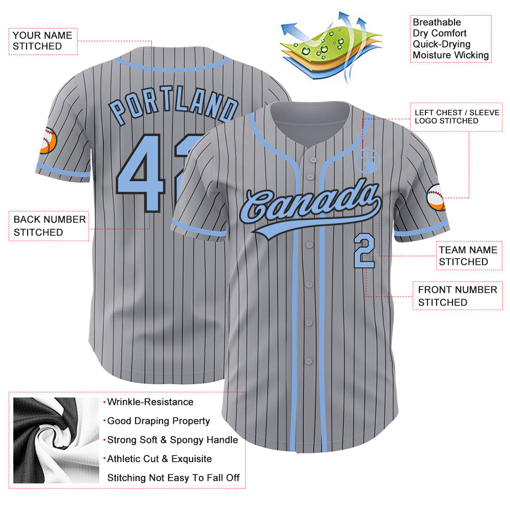 Custom Gray Black Pinstripe Light Blue Authentic Baseball Jersey view 3