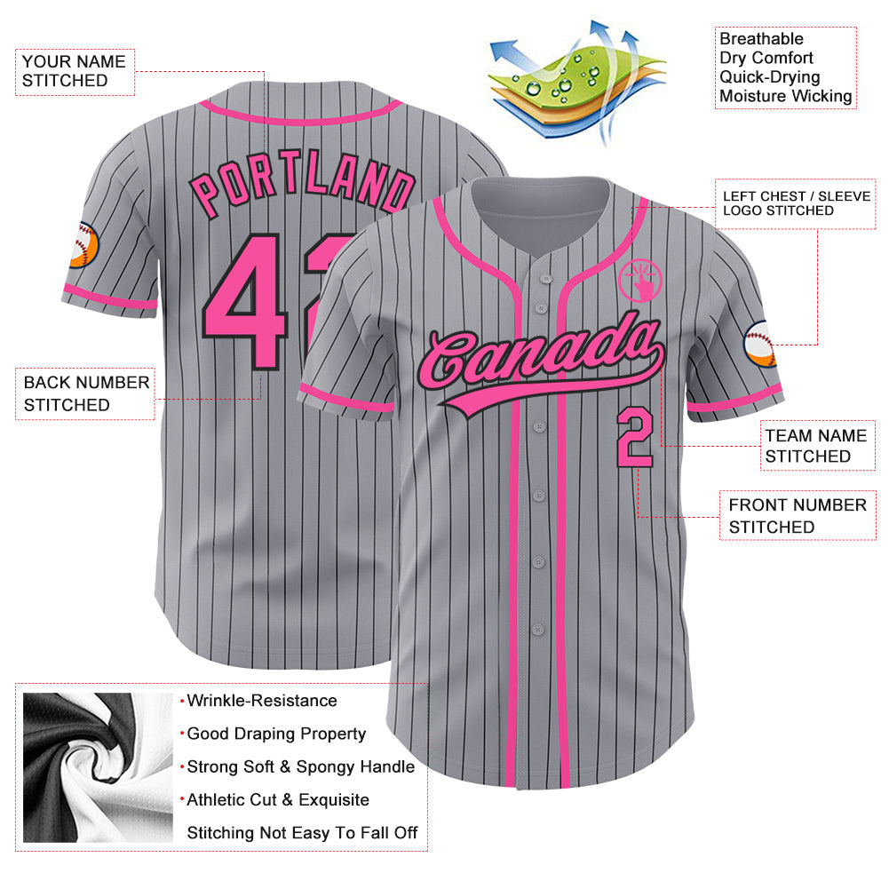 Custom Gray Black Pinstripe Pink Authentic Baseball Jersey view 3