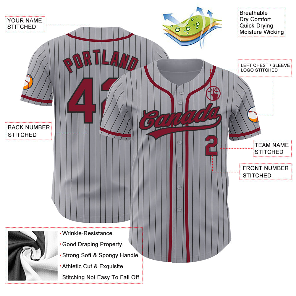 Custom Gray Black Pinstripe Crimson Authentic Baseball Jersey view 3