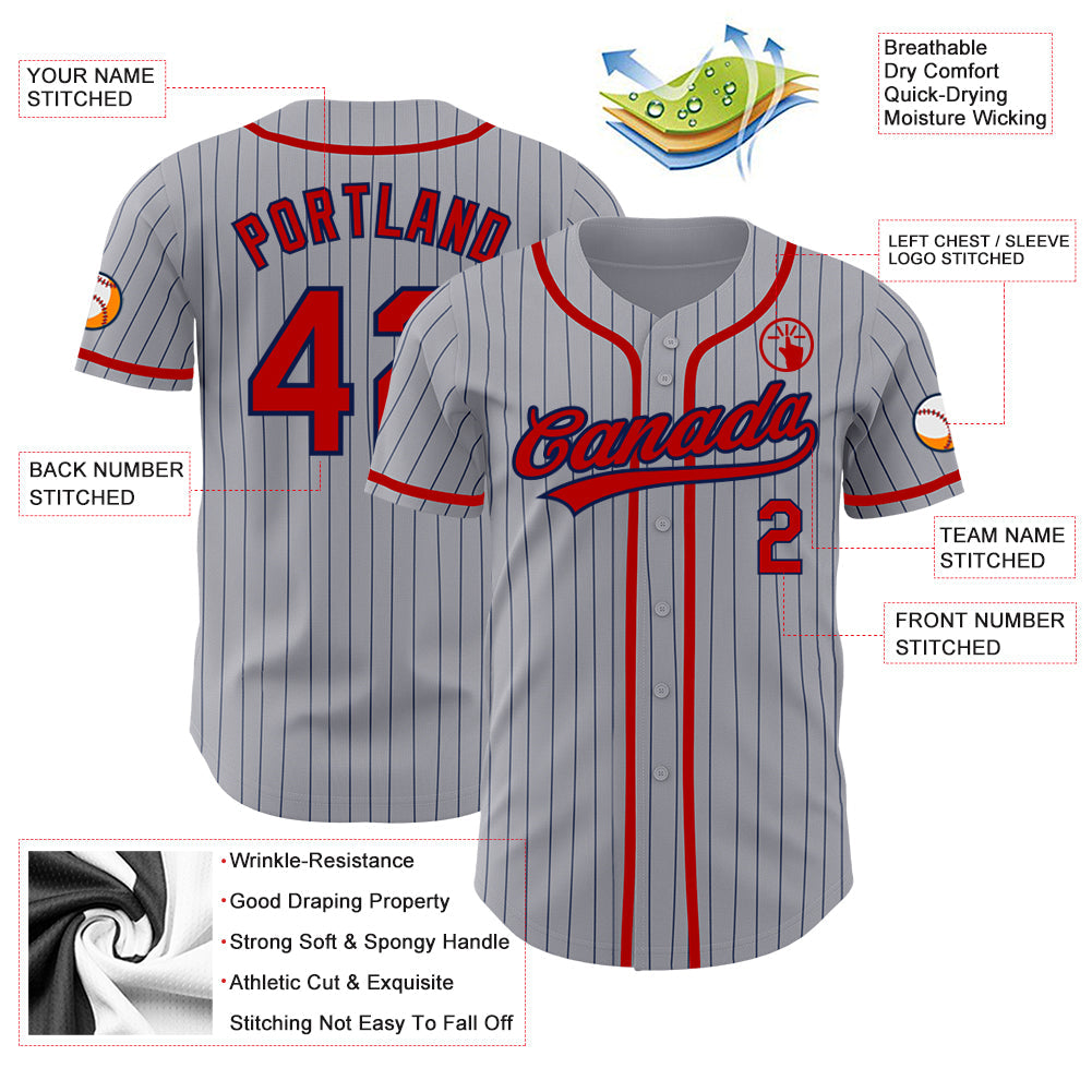Custom Gray Navy Pinstripe Red Authentic Baseball Jersey view 3