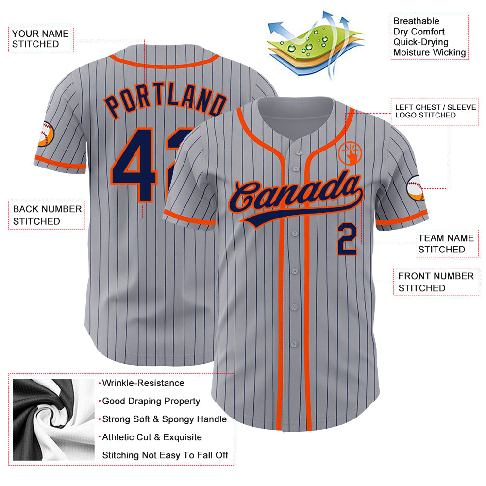 Custom Gray Navy Pinstripe Orange Authentic Baseball Jersey view 3