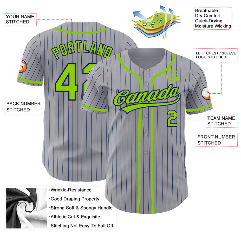 Custom Gray Navy Pinstripe Neon Green Authentic Baseball Jersey view 4