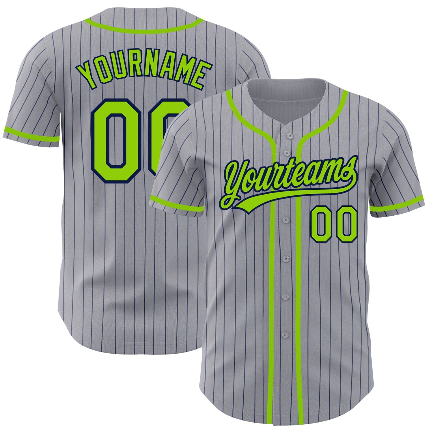 Custom Gray Navy Pinstripe Neon Green Authentic Baseball Jersey - Main View