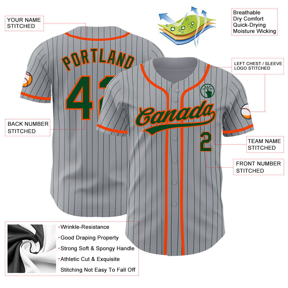 Custom Gray Green Pinstripe Orange Authentic Baseball Jersey view 3
