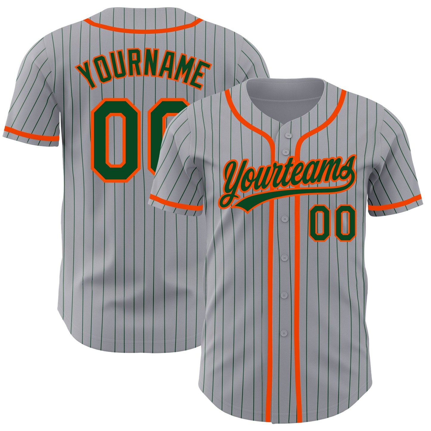 Custom Gray Green Pinstripe Orange Authentic Baseball Jersey - Main View