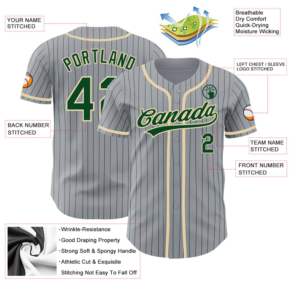 Custom Gray Green Pinstripe City Cream Authentic Baseball Jersey view 3