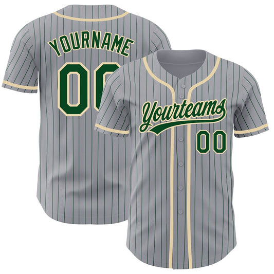 Custom Gray Green Pinstripe City Cream Authentic Baseball Jersey - Main View