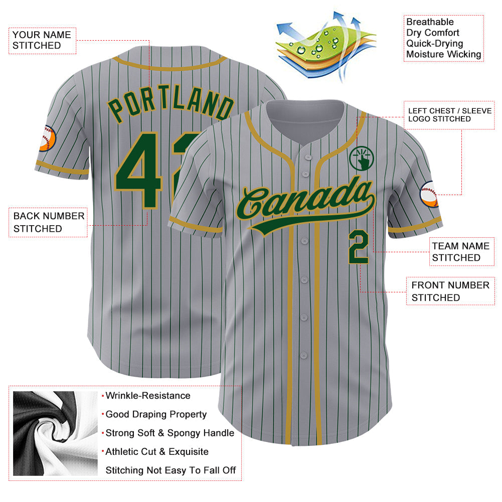 Custom Gray Green Pinstripe Old Gold Authentic Baseball Jersey view 3
