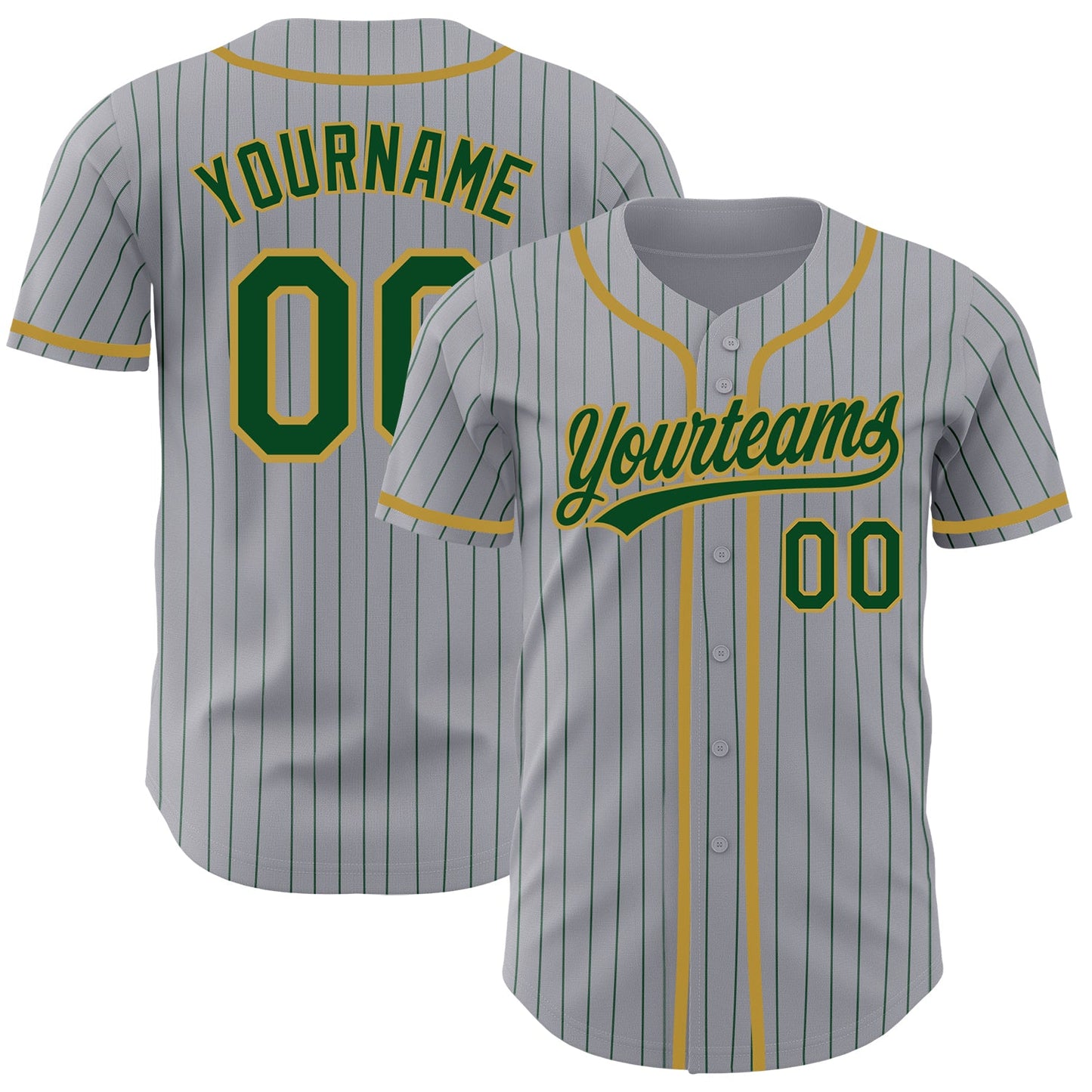 Custom Gray Green Pinstripe Old Gold Authentic Baseball Jersey - Main View