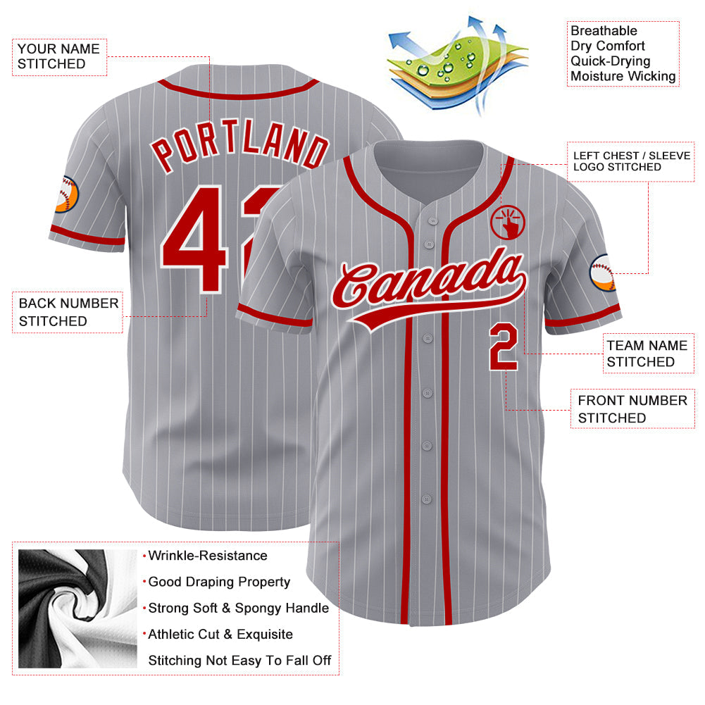 Custom Gray White Pinstripe Red Authentic Baseball Jersey view 3