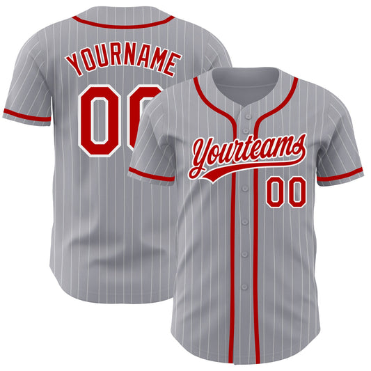 Custom Gray White Pinstripe Red Authentic Baseball Jersey - Main View