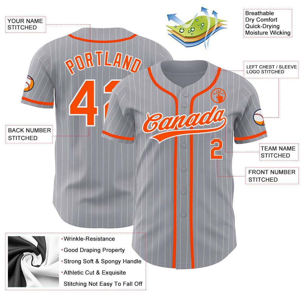 Custom Gray White Pinstripe Orange Authentic Baseball Jersey view 3