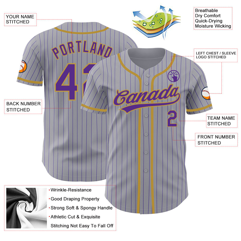 Custom Gray Purple Pinstripe Old Gold Authentic Baseball Jersey view 4
