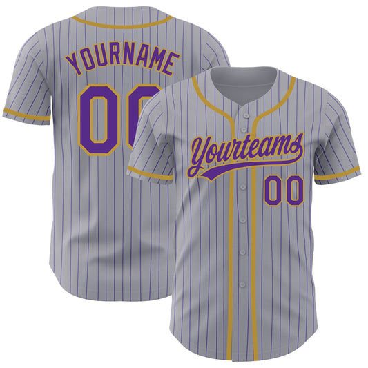 Custom Gray Purple Pinstripe Old Gold Authentic Baseball Jersey - Main View