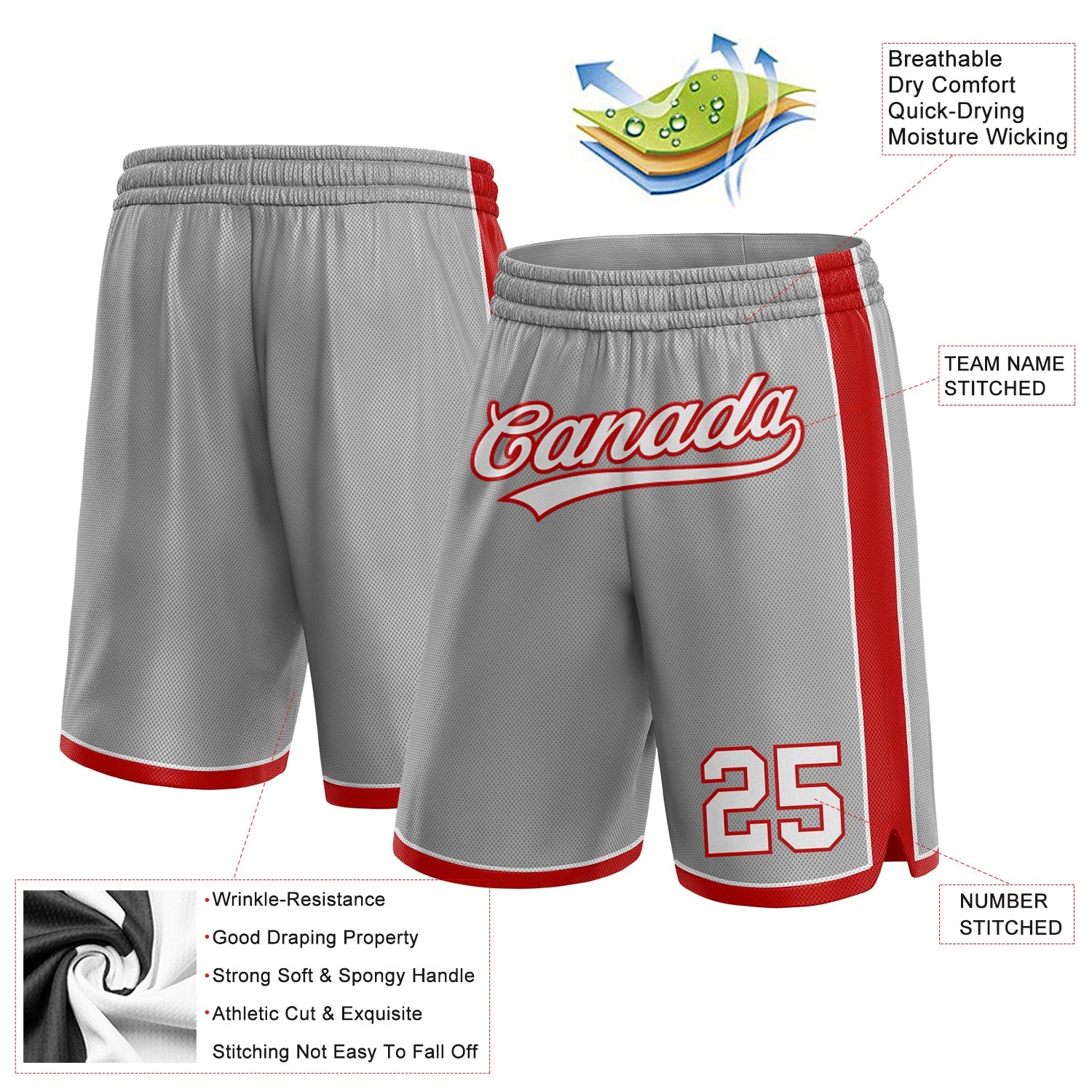 Custom Gray White-Red Authentic Basketball Shorts view 2