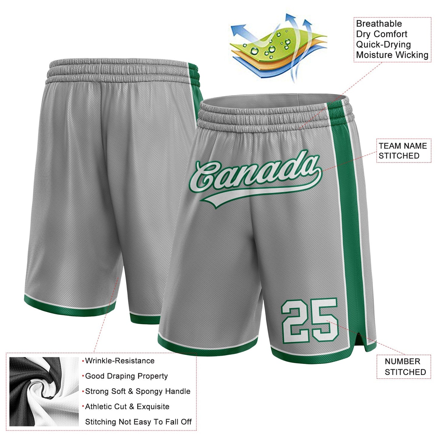 Custom Gray White-Kelly Green Authentic Basketball Shorts view 2