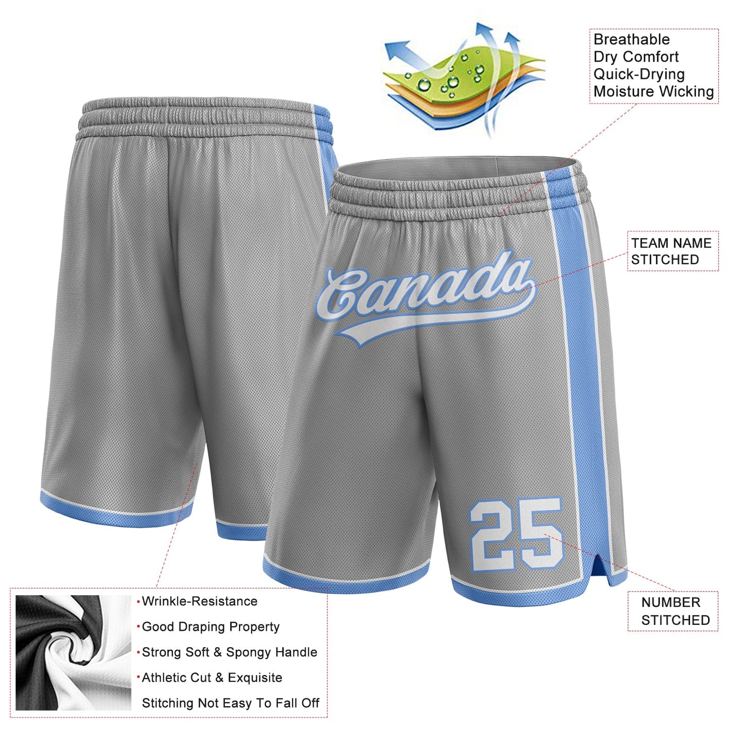 Custom Gray White-Light Blue Authentic Basketball Shorts view 2
