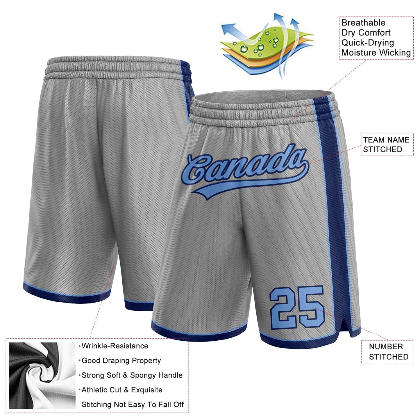 Custom Gray Light Blue-Navy Authentic Basketball Shorts view 2