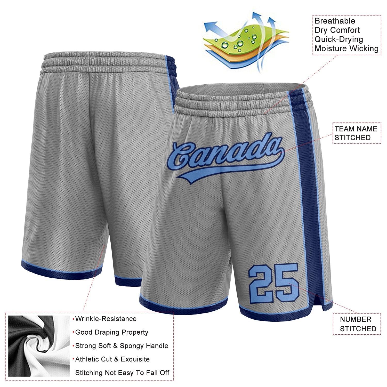 Custom Gray Light Blue-Navy Authentic Basketball Shorts view 2