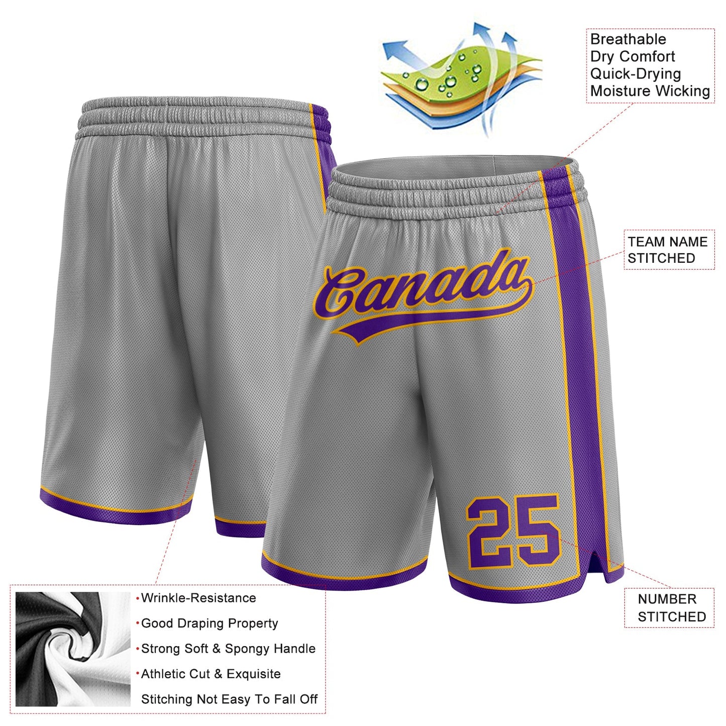 Custom Gray Purple-Gold Authentic Basketball Shorts view 2