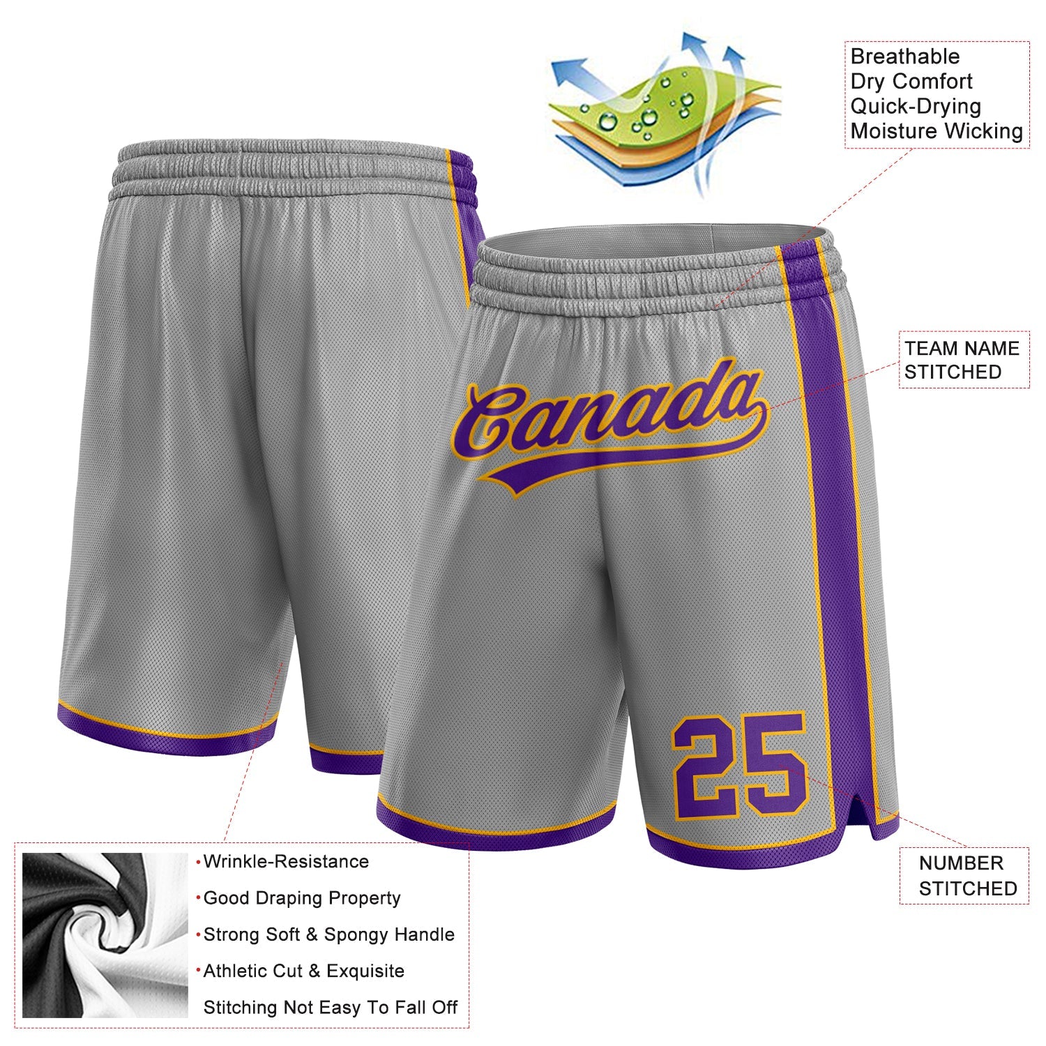 Custom Gray Purple-Gold Authentic Basketball Shorts view 2