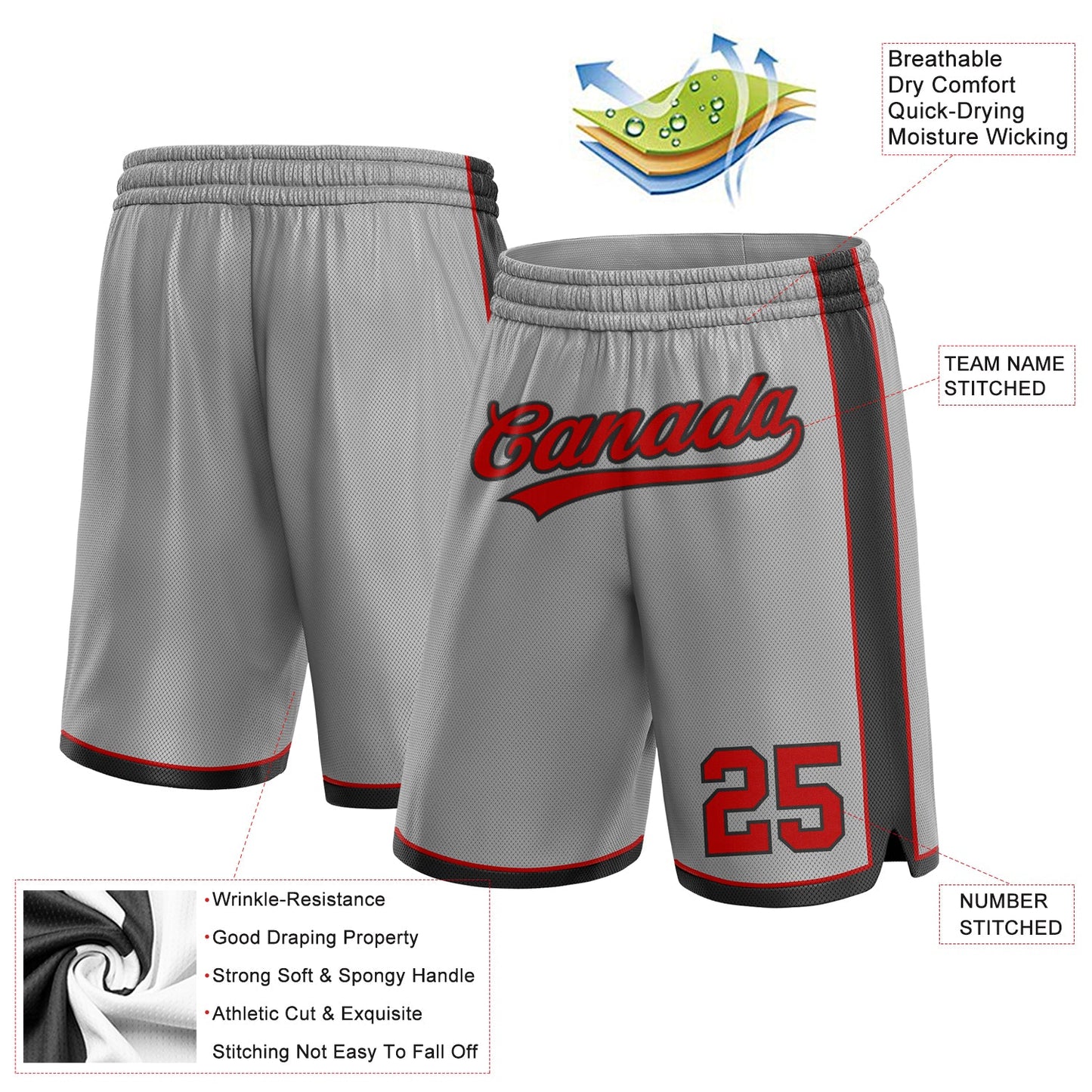 Custom Gray Red-Black Authentic Basketball Shorts view 2