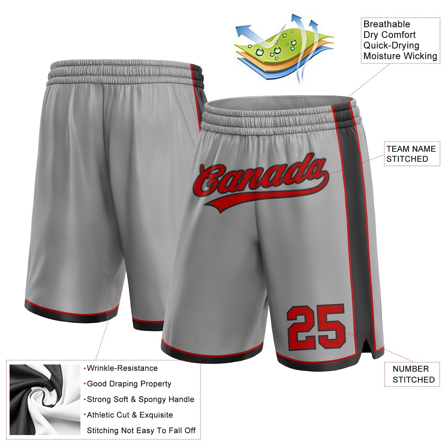 Custom Gray Red-Black Authentic Basketball Shorts view 2