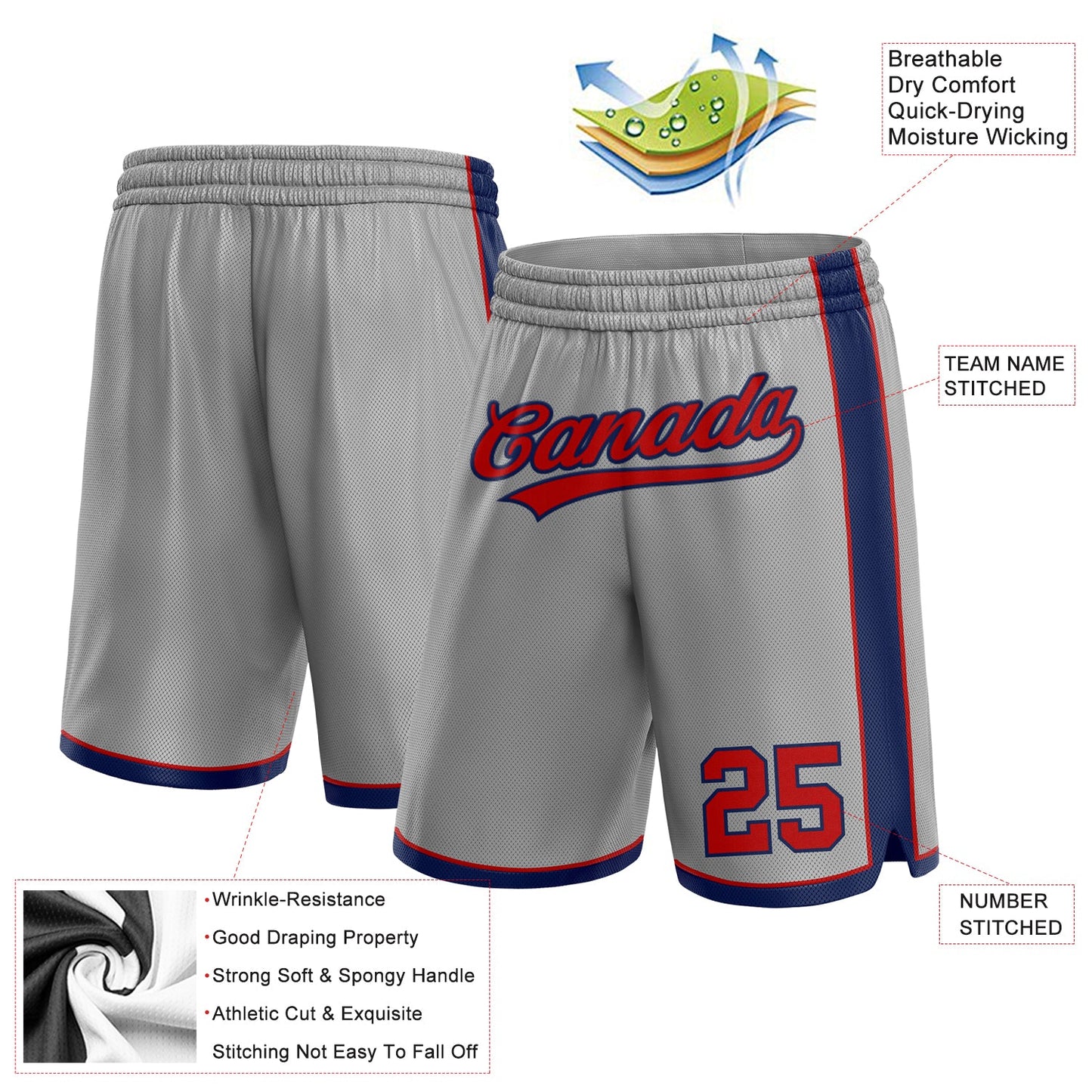 Custom Gray Red-Navy Authentic Basketball Shorts view 2