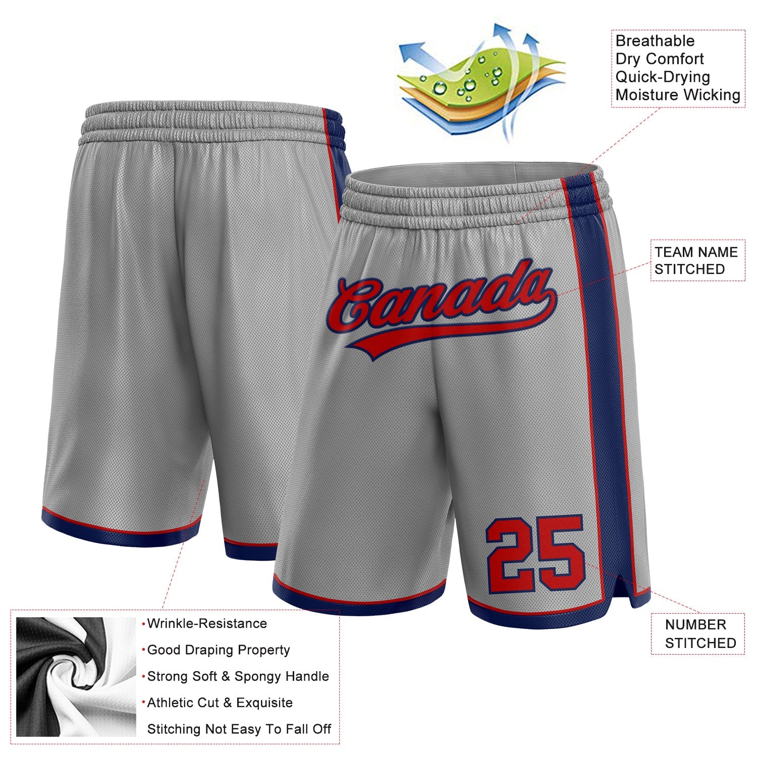 Custom Gray Red-Navy Authentic Basketball Shorts view 2