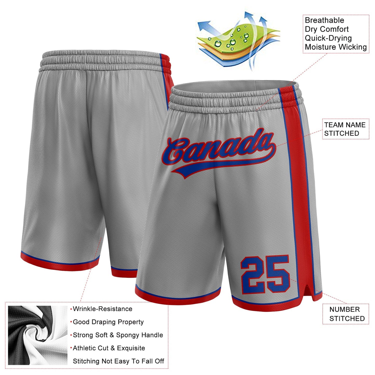 Custom Gray Royal-Red Authentic Basketball Shorts view 2