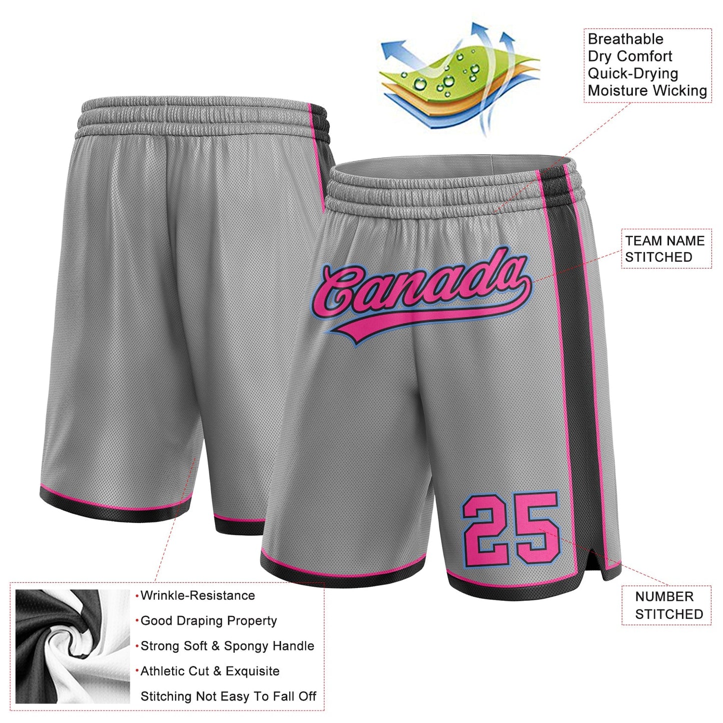 Custom Gray Pink Black-Light Blue Authentic Basketball Shorts view 2