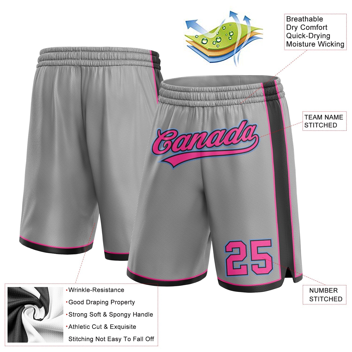 Custom Gray Pink Black-Light Blue Authentic Basketball Shorts view 2