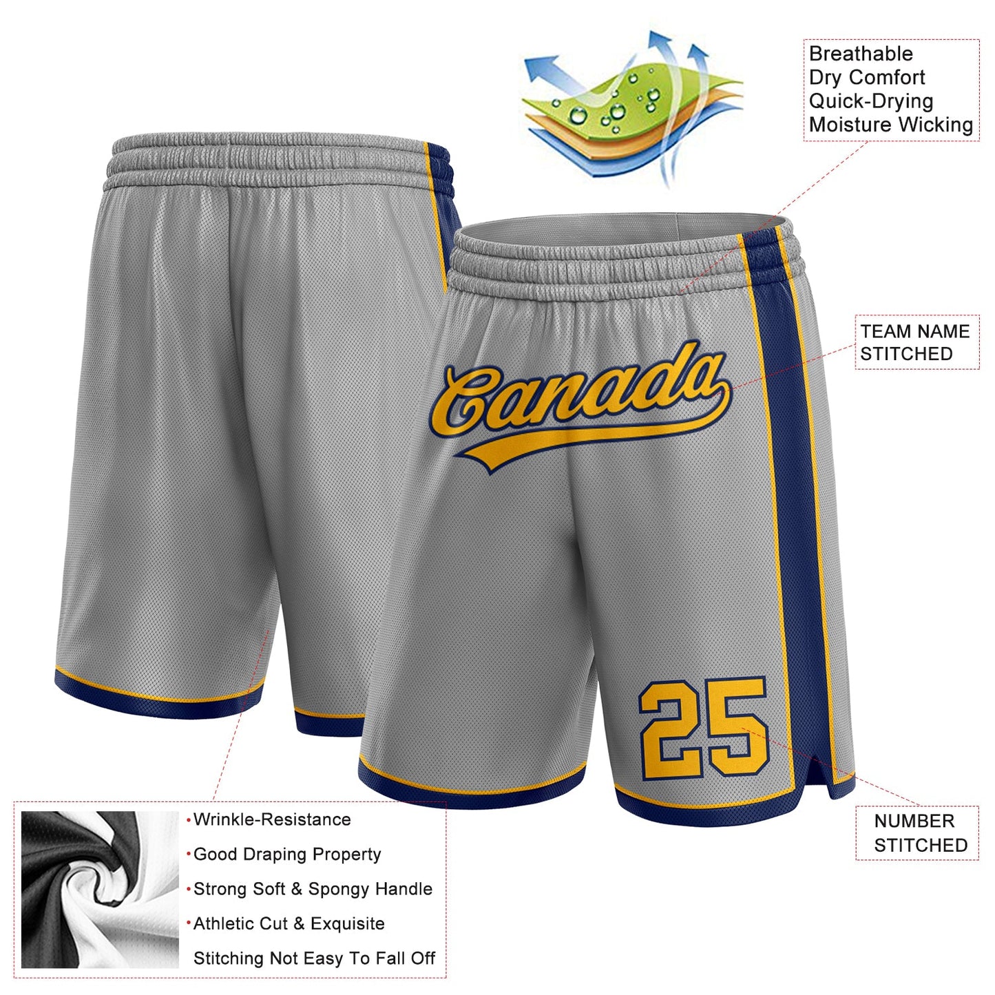 Custom Gray Gold-Navy Authentic Basketball Shorts view 2
