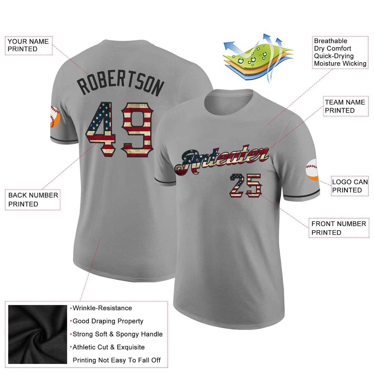 Custom Gray Vintage USA Flag-Black Performance T-Shirt view 2