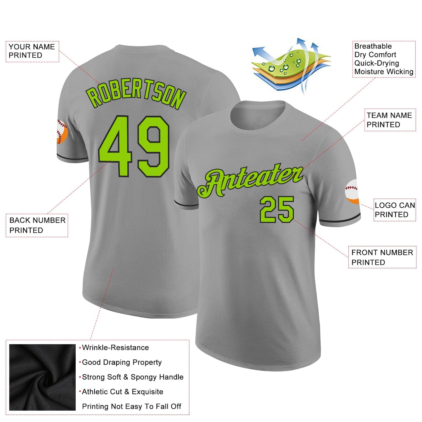 Custom Gray Neon Green-Black Performance T-Shirt view 2