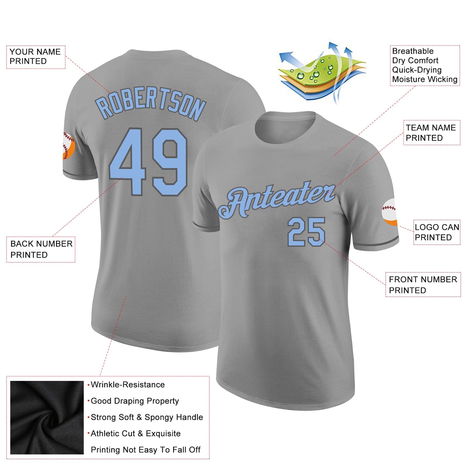 Custom Gray Light Blue-Steel Gray Performance T-Shirt view 2