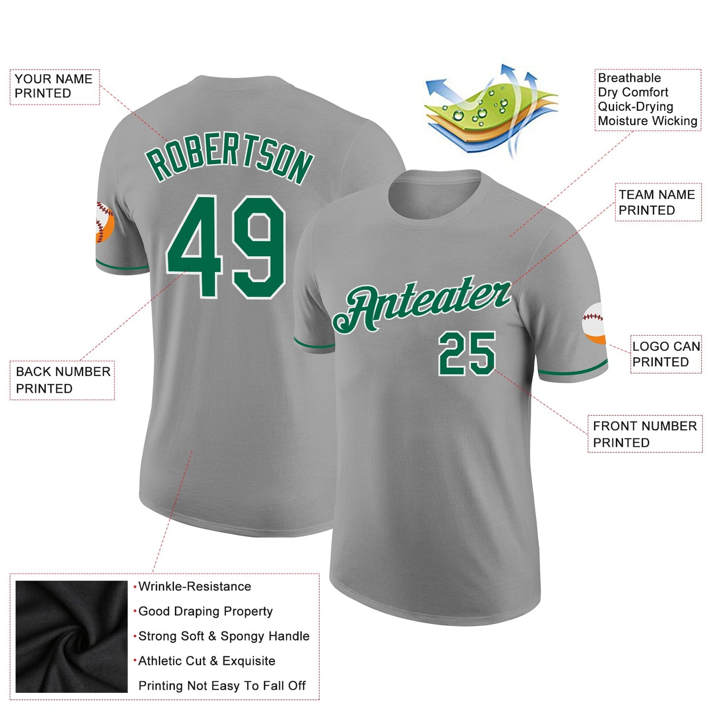 Custom Gray Kelly Green-White Performance T-Shirt view 2