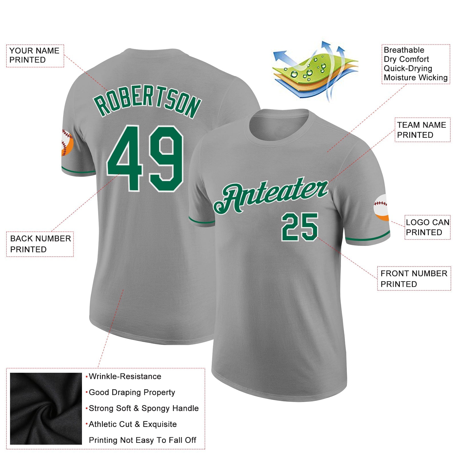 Custom Gray Kelly Green-White Performance T-Shirt view 2