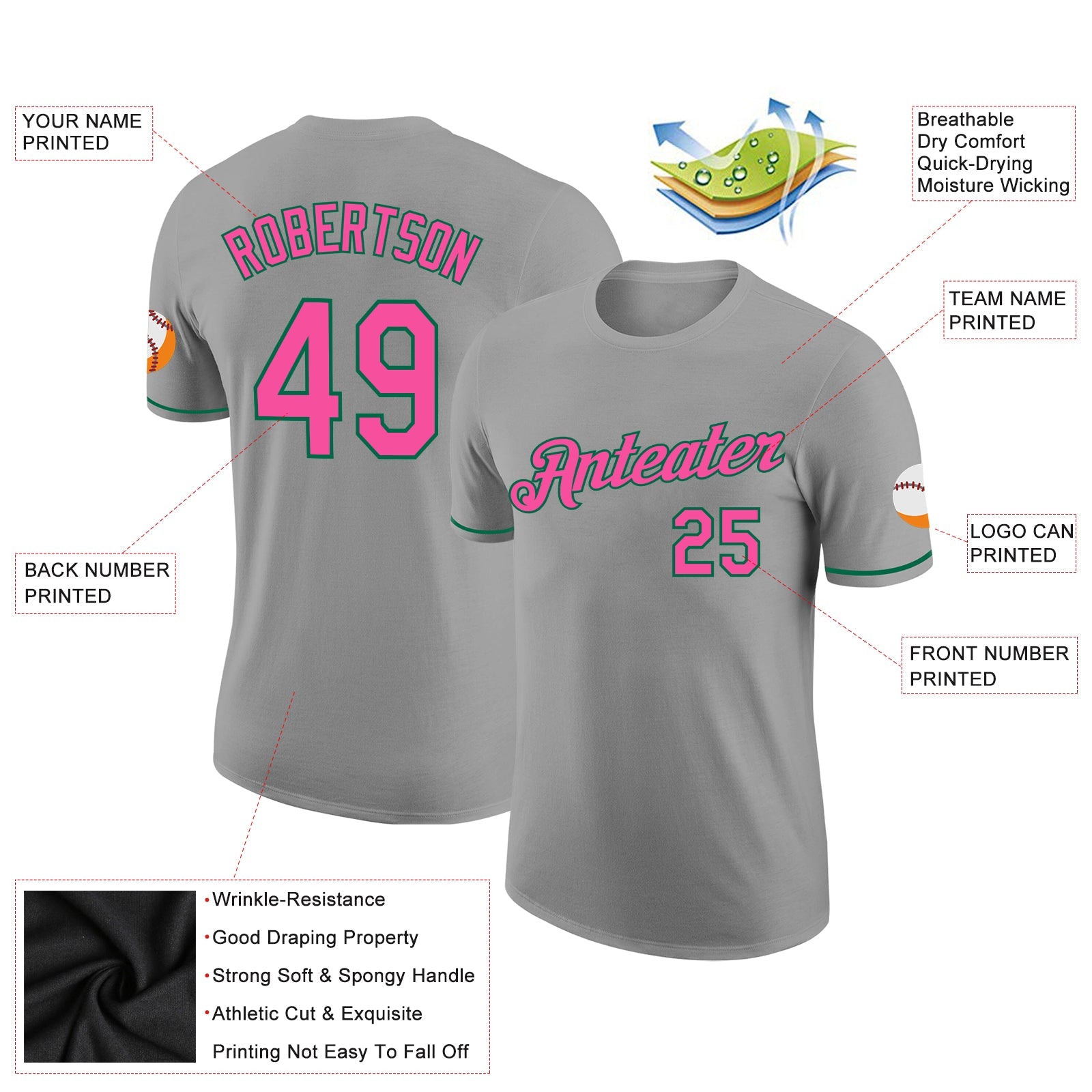 Custom Gray Pink-Kelly Green Performance T-Shirt view 2