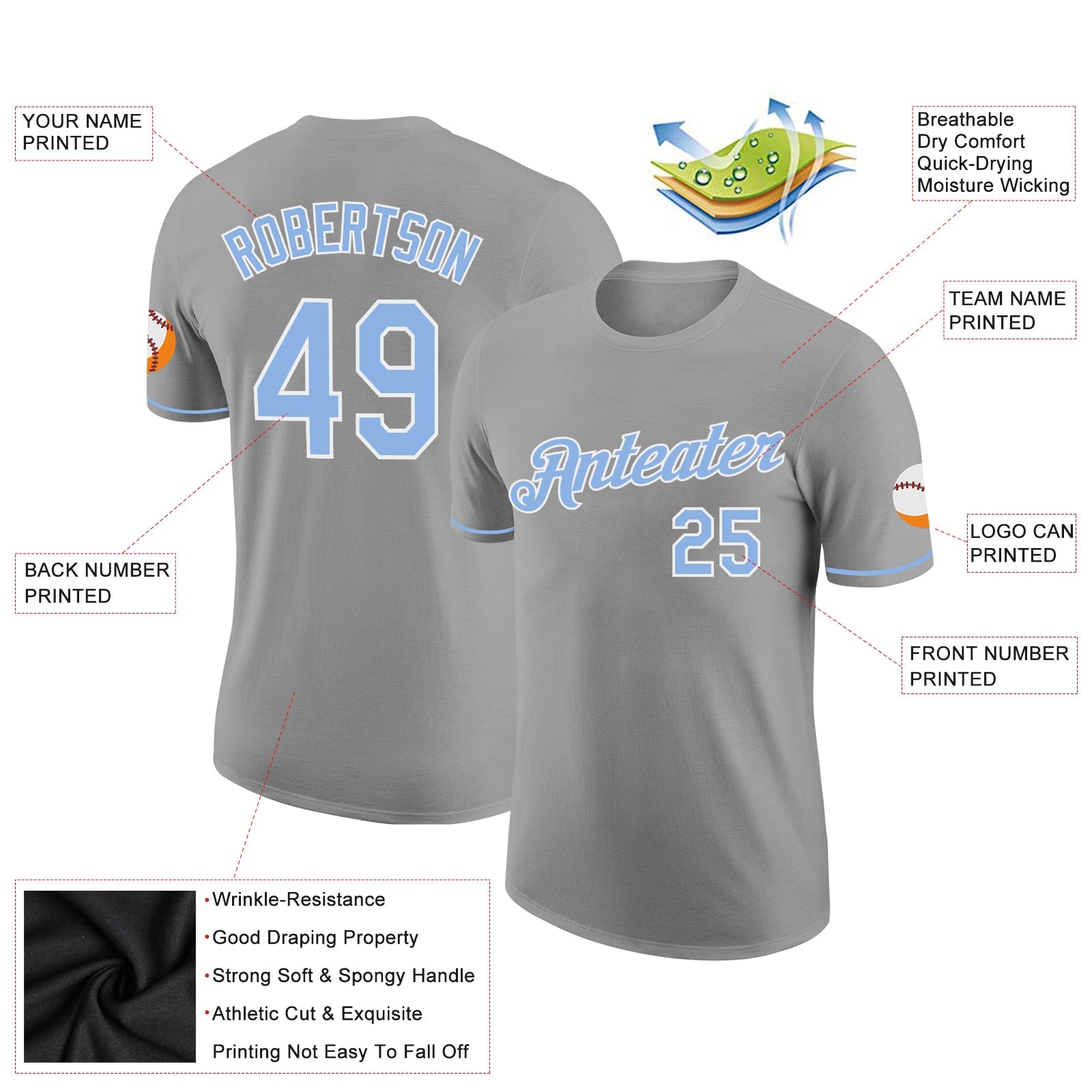 Custom Gray Light Blue-White Performance T-Shirt view 2